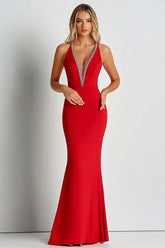 Red Wedding Guest Dress Deep V-Neck Sheath Long Formal Dress With Beading